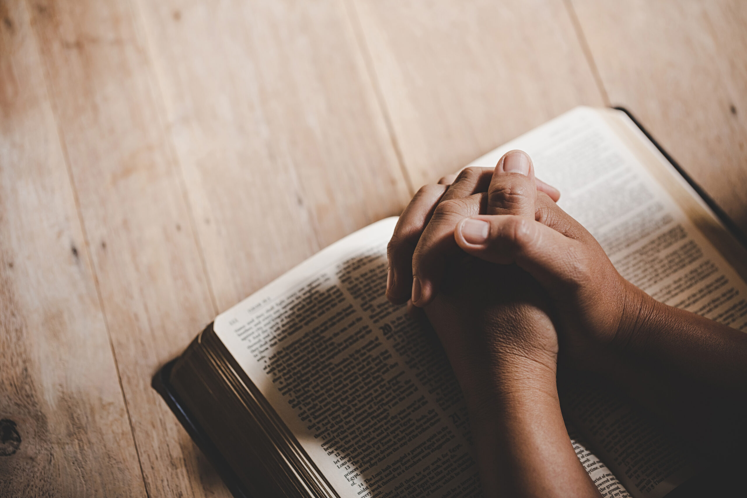 spirituality and religion, hands folded in prayer on a holy bibl